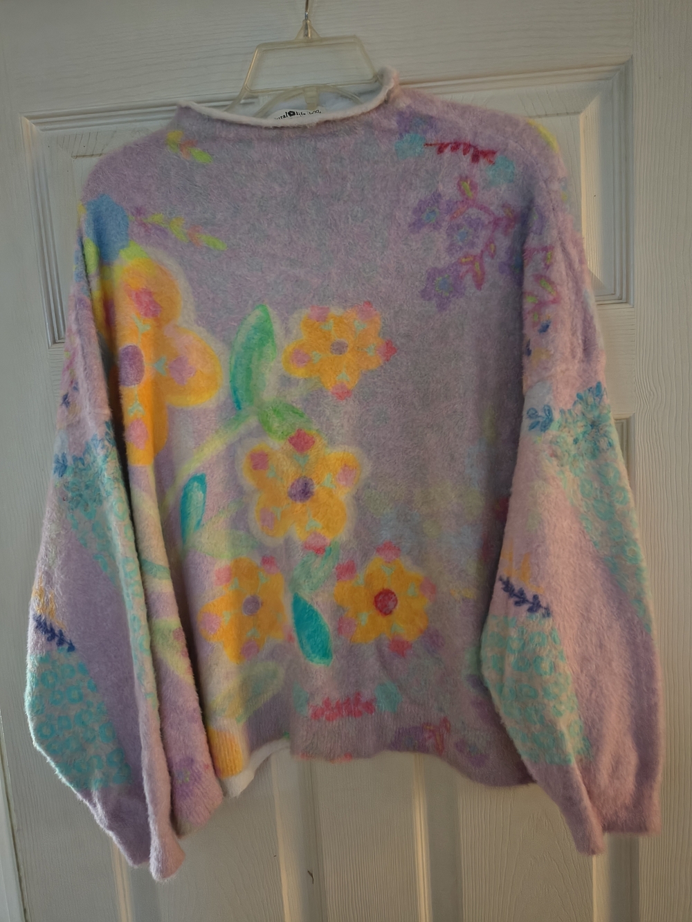 NATURAL LIFE Pastel Lavender Floral Crewneck Sweater with Yellow & Teal Accents